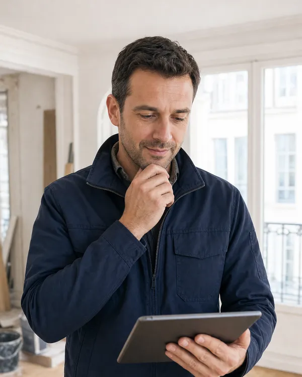 Conducteur de travaux étudiant un projet de rénovation sur tablette (visuel généré par IA)