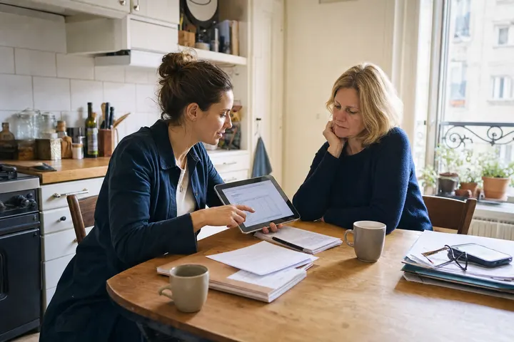 Illustration IA : une cheffe de projet présente un devis sur tablette à une cliente